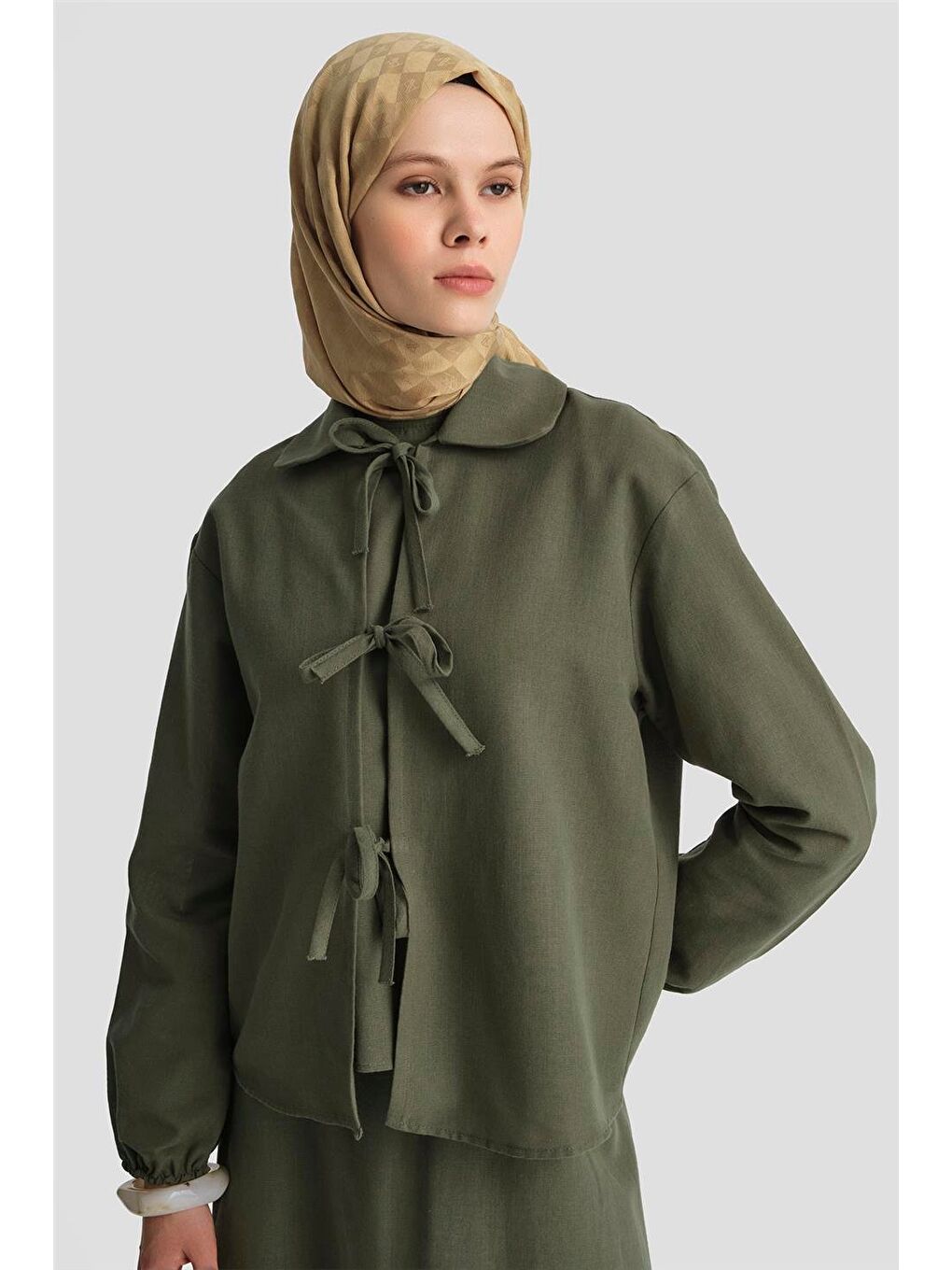 Fiyonk Detaylı 3'Lü Keten Takım 25Y6049 Haki-4