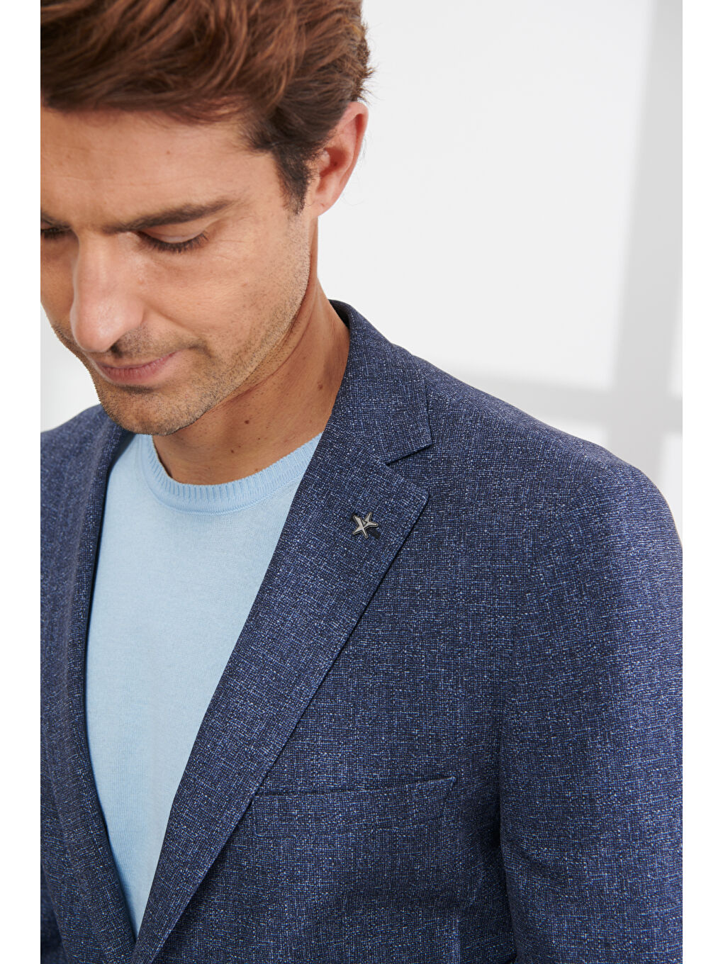 Erkek Lacivert-Beyaz Slim Fit Dar Kesim Mono Yaka Seyahat Çantalı Desenli Takım Elbise-2