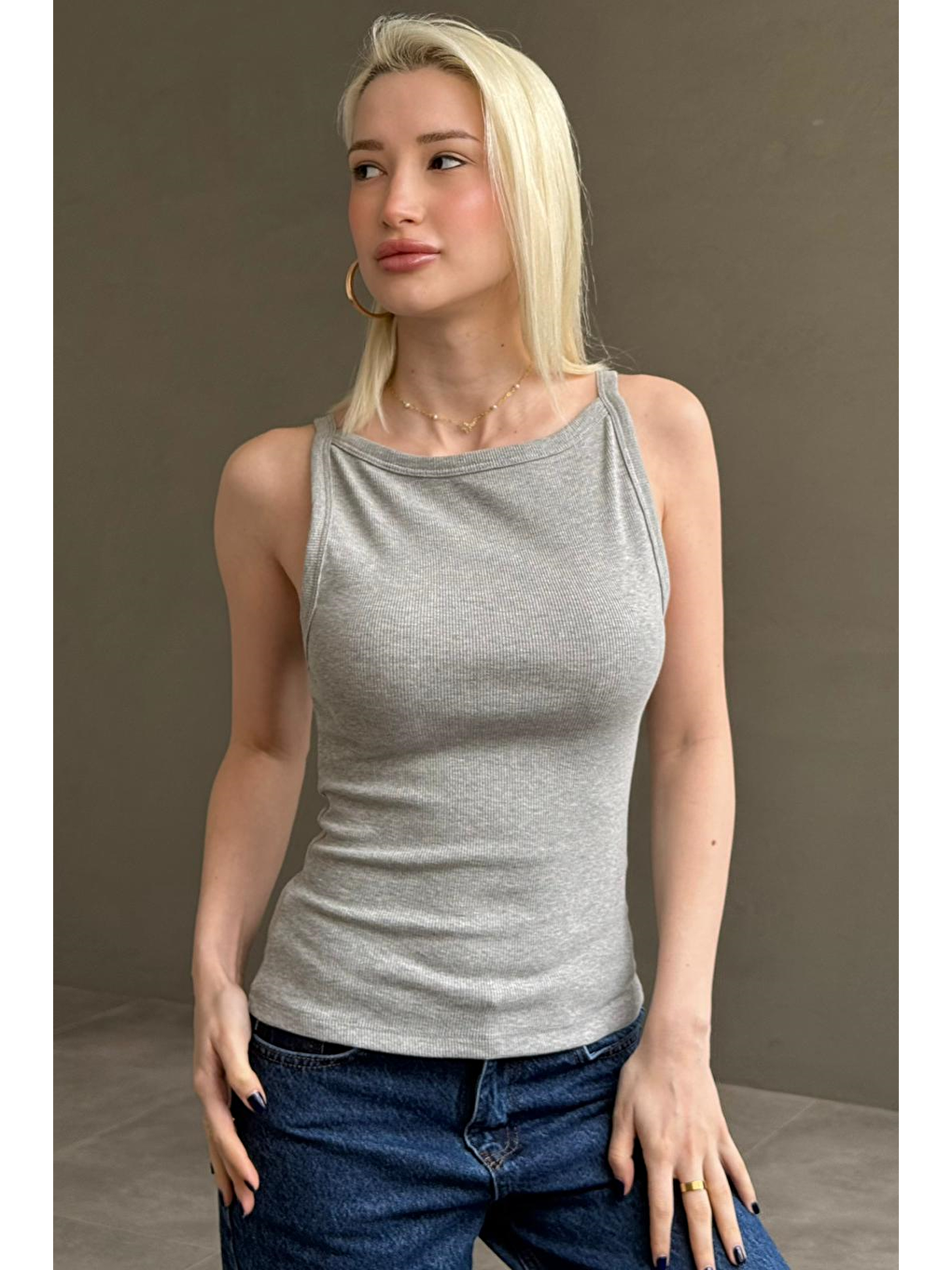 Gri Biyeli Vücudu Saran Fitilli Modern Kesim Atlet Mg2681-3