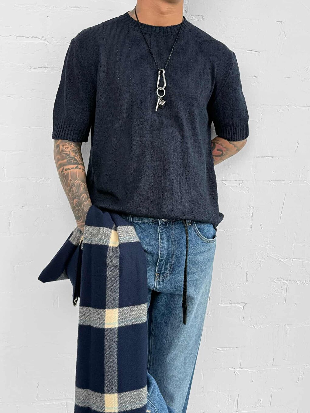 Erkek Regular Fit Örme Desenli Tişört Lacivert-1