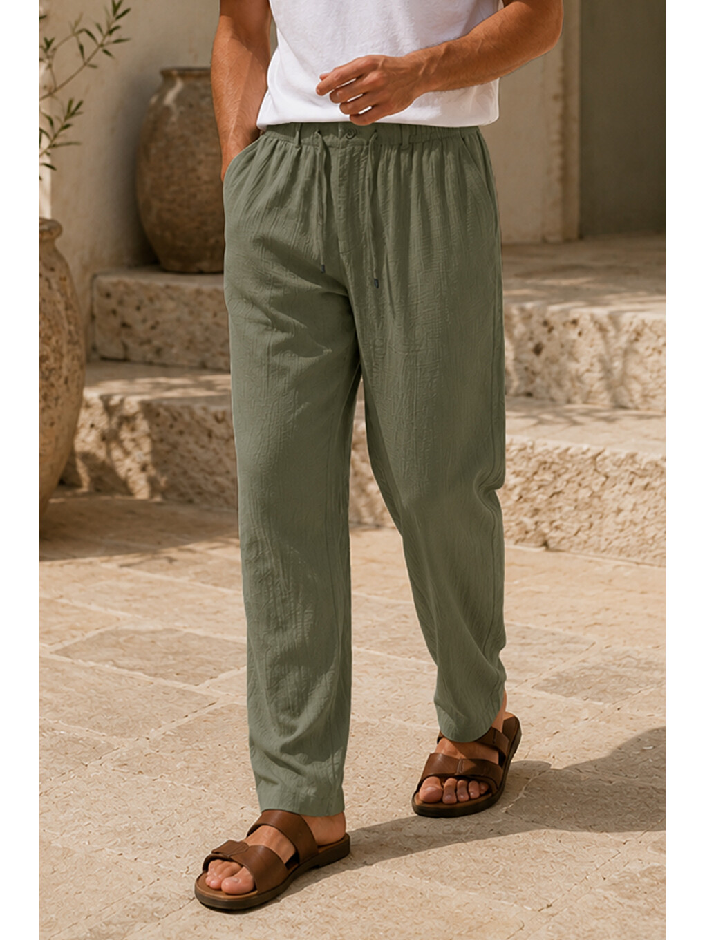 Erkek Haki Regular Fit Müslin Pantolon-1