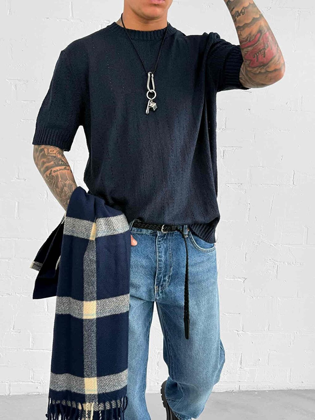 Erkek Regular Fit Örme Desenli Tişört Lacivert-2