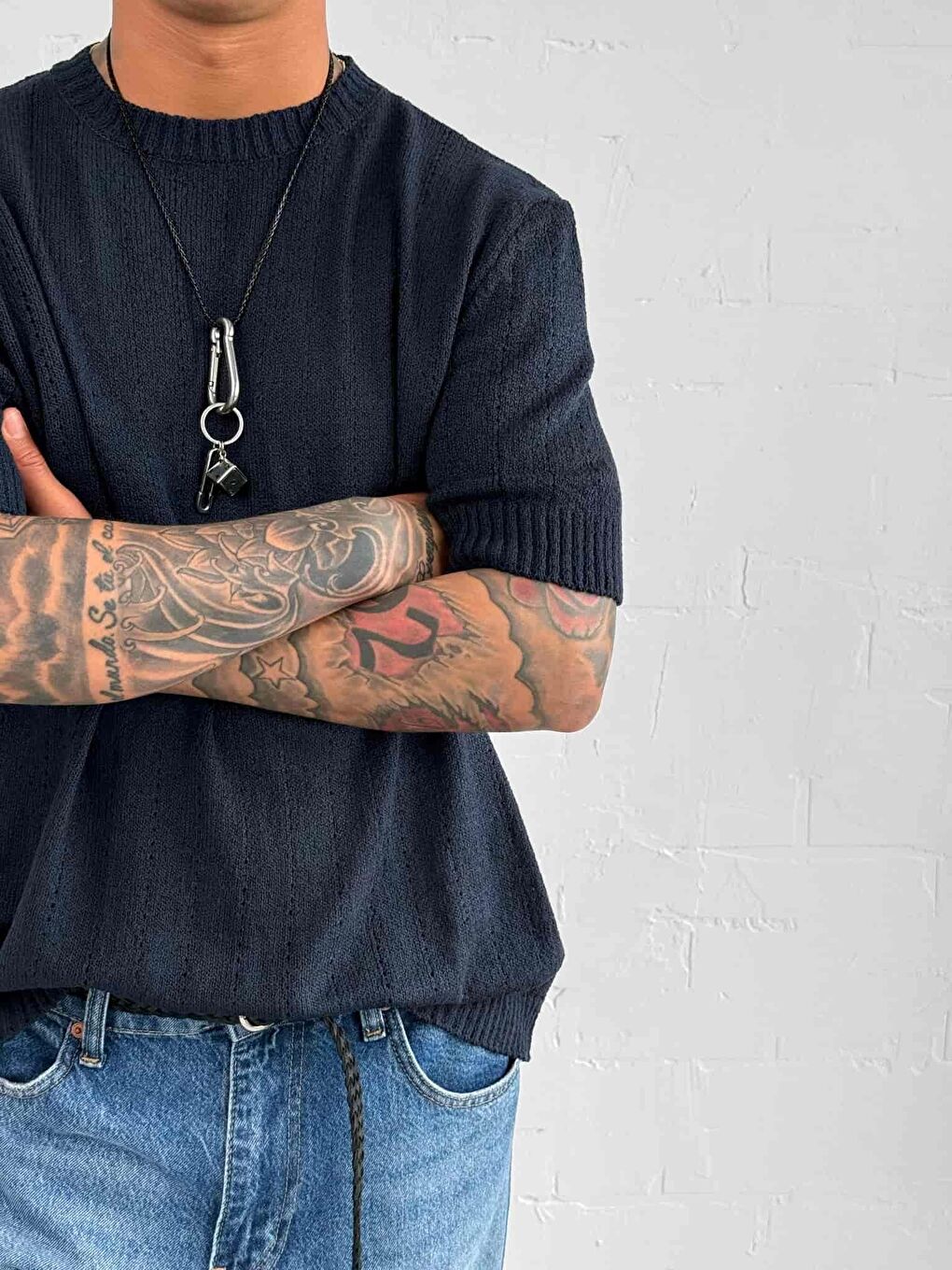 Erkek Regular Fit Örme Desenli Tişört Lacivert-3