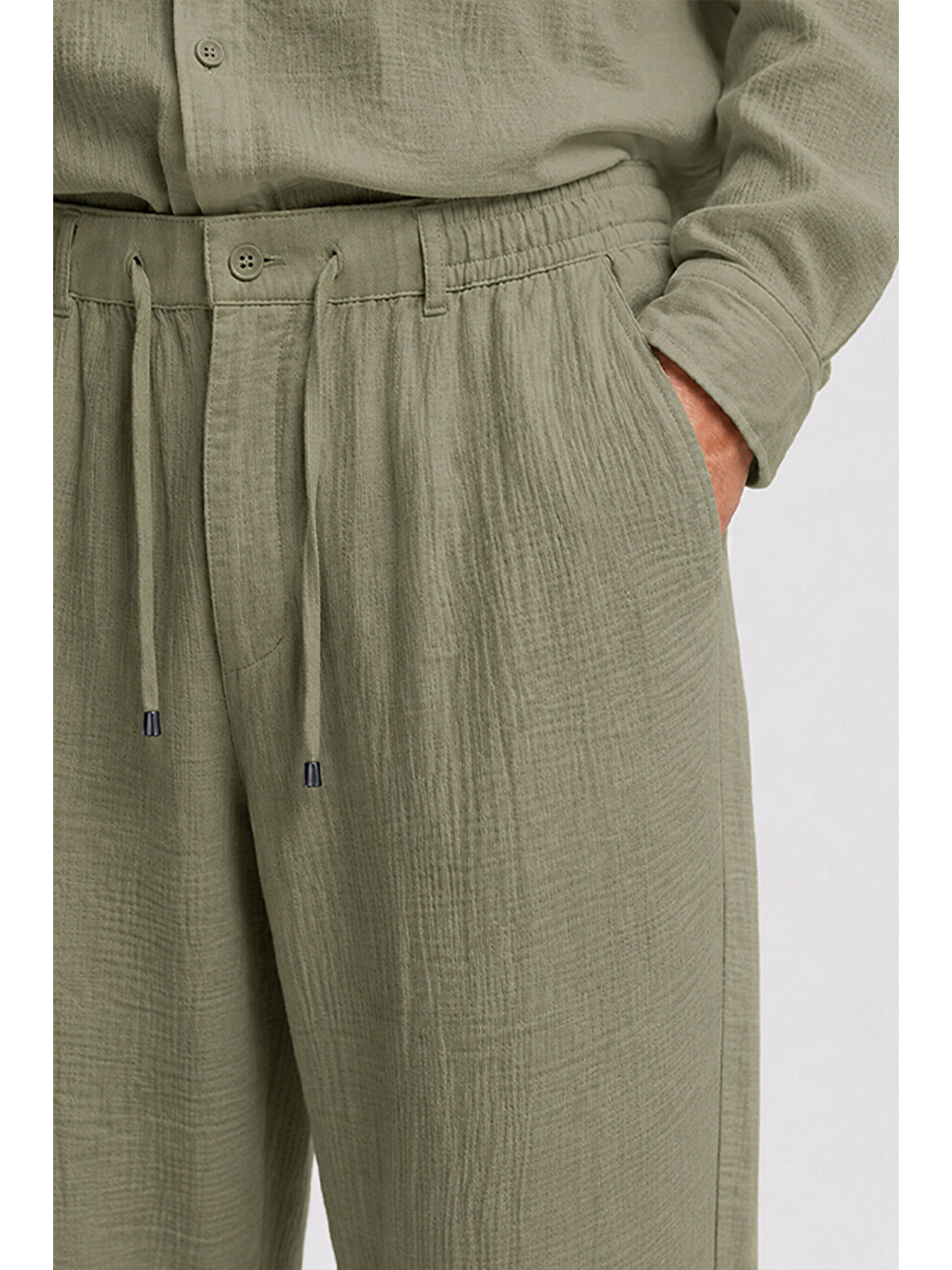 Erkek Haki Regular Fit Müslin Pantolon-2