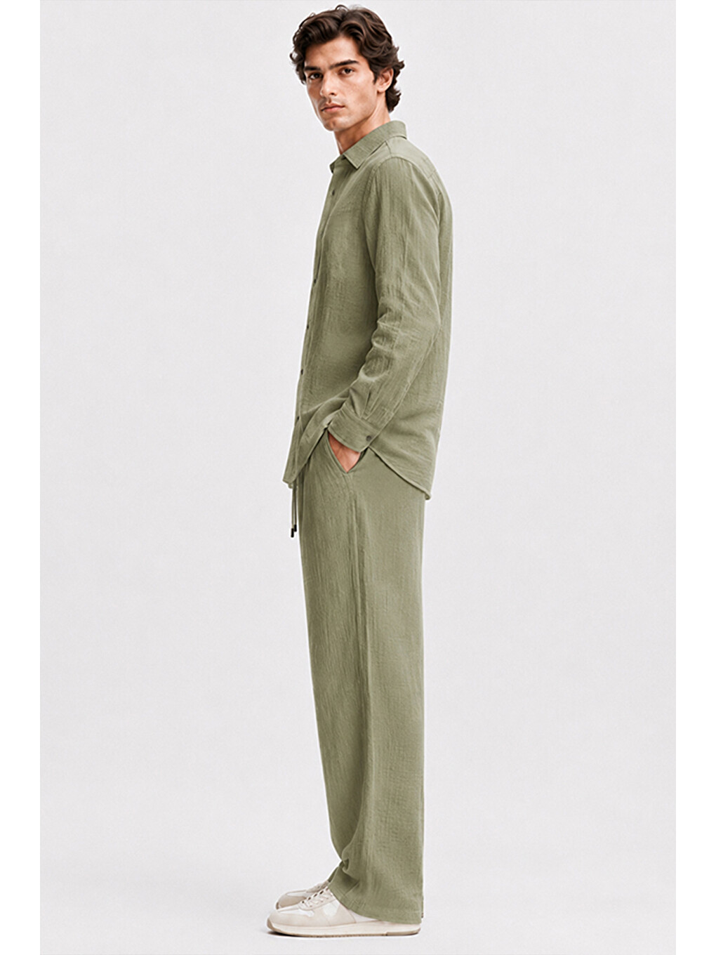 Erkek Haki Regular Fit Müslin Pantolon-3