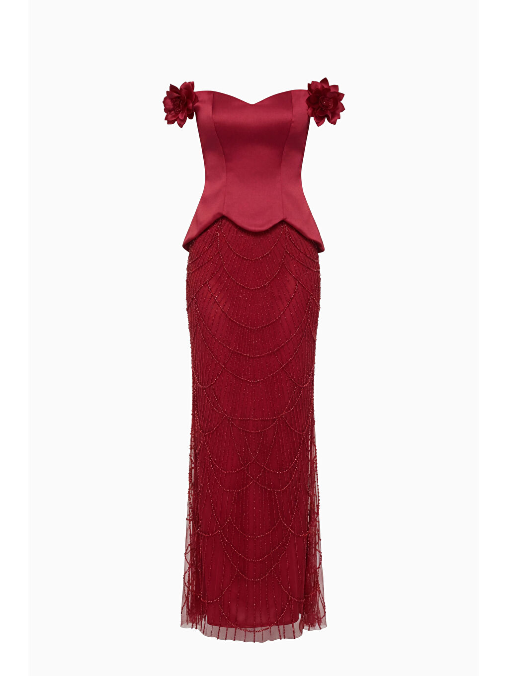 Kadın Kırmızı Kayık Yaka Çiçek Detaylı Uzun Taşlı Abiye Elbise-6