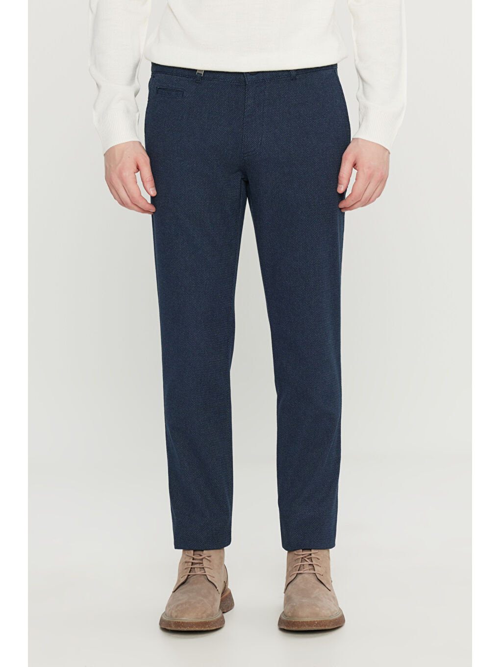 Erkek Lacivert Pamuklu Slim Fit Dar Kesim Yan Cepli Armürlü Esnek Casual Pantolon