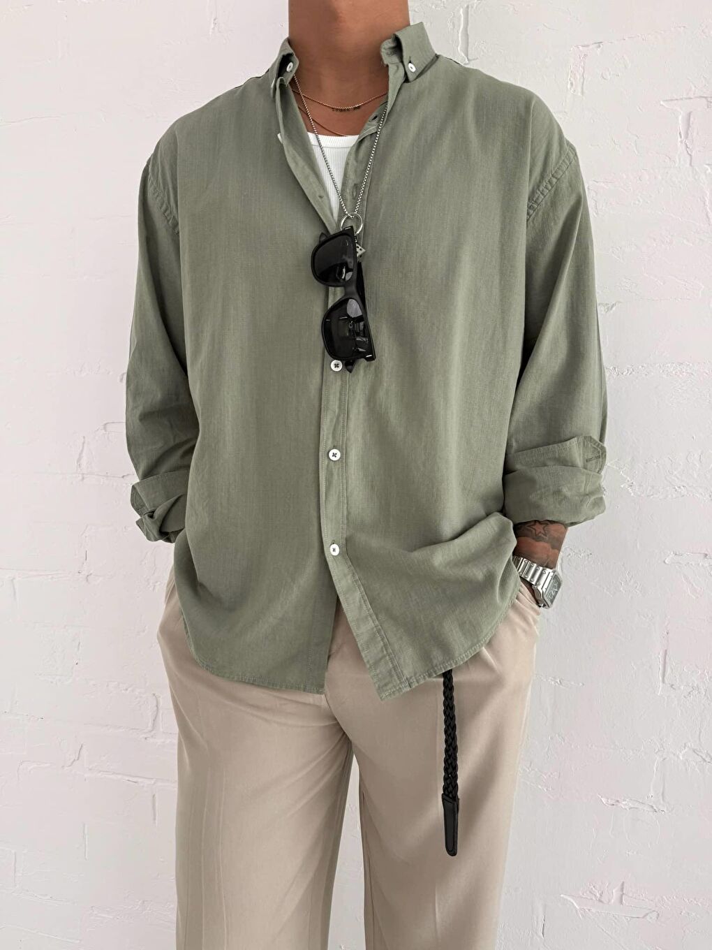 Erkek Relax Fit Rahat Kesim İnce %100 Pamuk Gömlek Haki