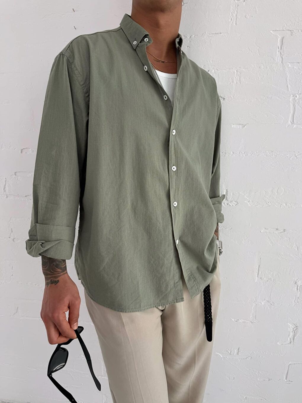 Erkek Relax Fit Rahat Kesim İnce %100 Pamuk Gömlek Haki-1