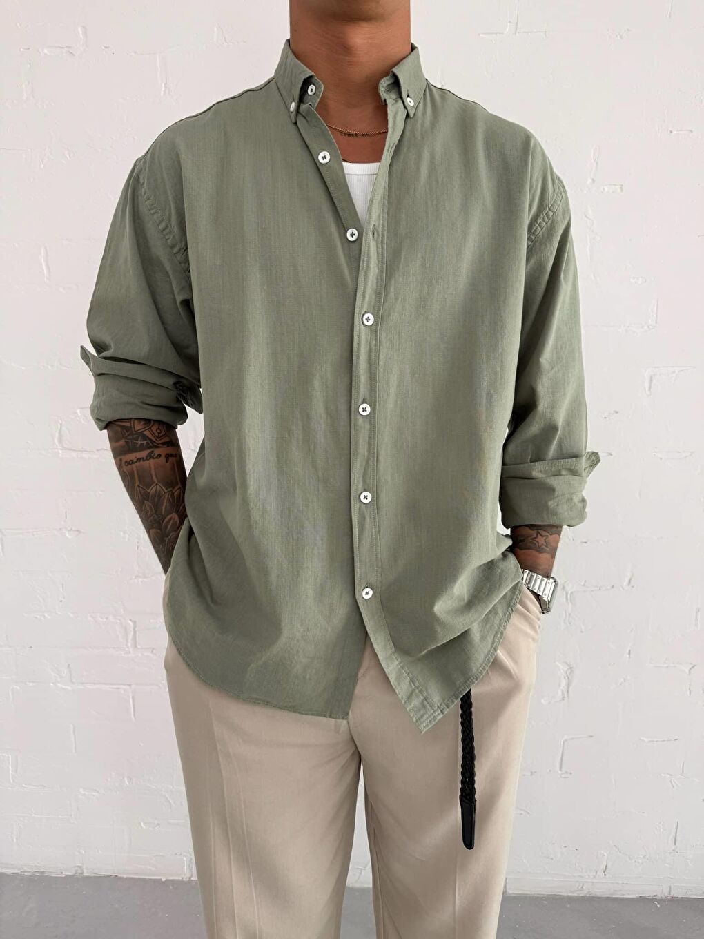 Erkek Relax Fit Rahat Kesim İnce %100 Pamuk Gömlek Haki-2