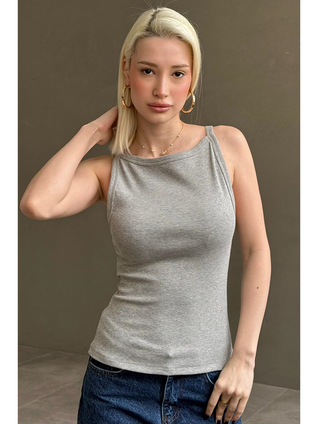 Gri Biyeli Vücudu Saran Fitilli Modern Kesim Atlet Mg2681-6