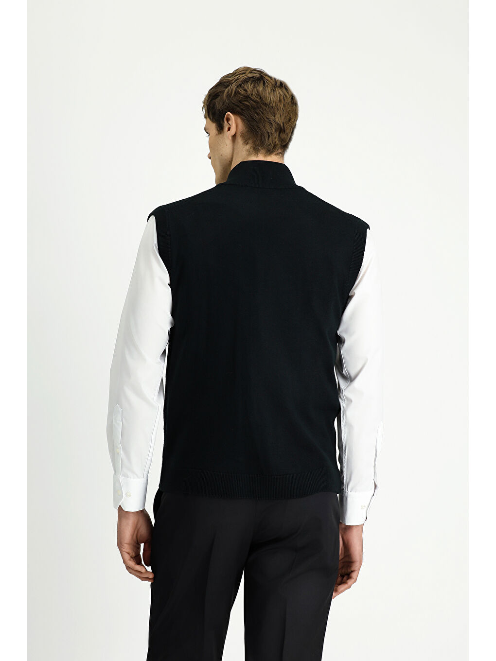 Siyah Desenli Fermuarlı Yünlü Triko Yelek-5