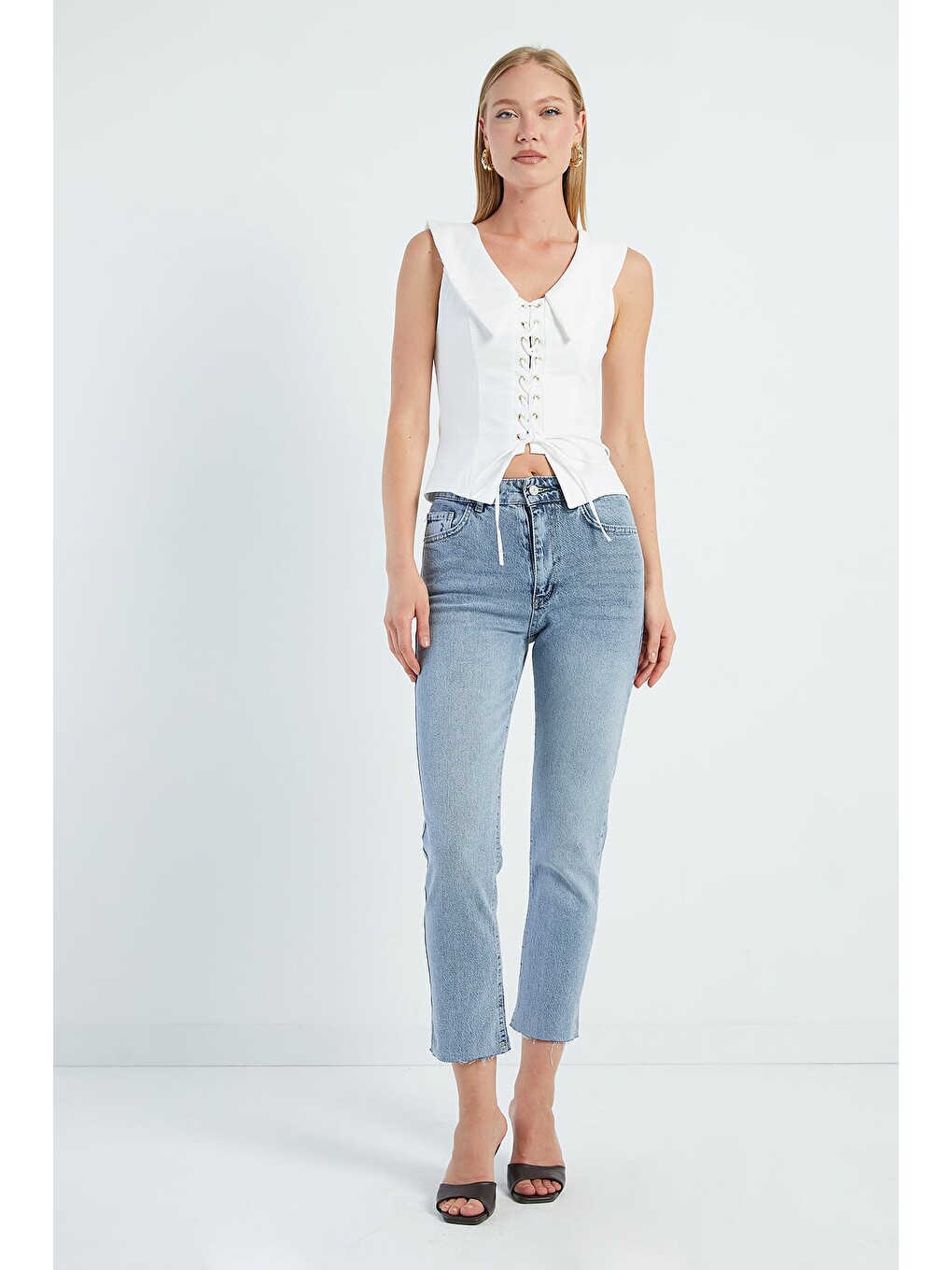Mavi Kesik Paça Mom Jean