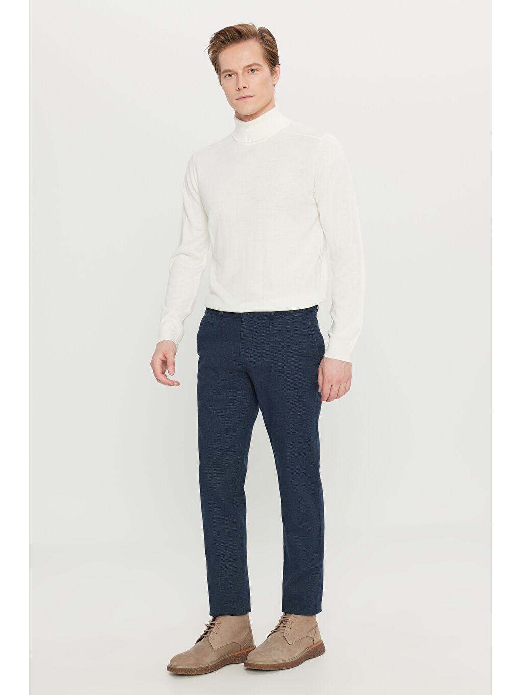 Erkek Lacivert Pamuklu Slim Fit Dar Kesim Yan Cepli Armürlü Esnek Casual Pantolon-1