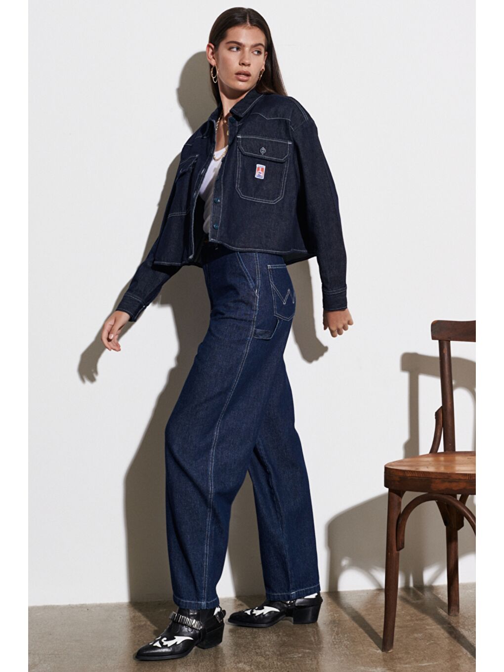 Lacivert Carpenter Fit %100 Pamuk Çok Yüksek Bel Geniş Paça Jean Jean Pantolon