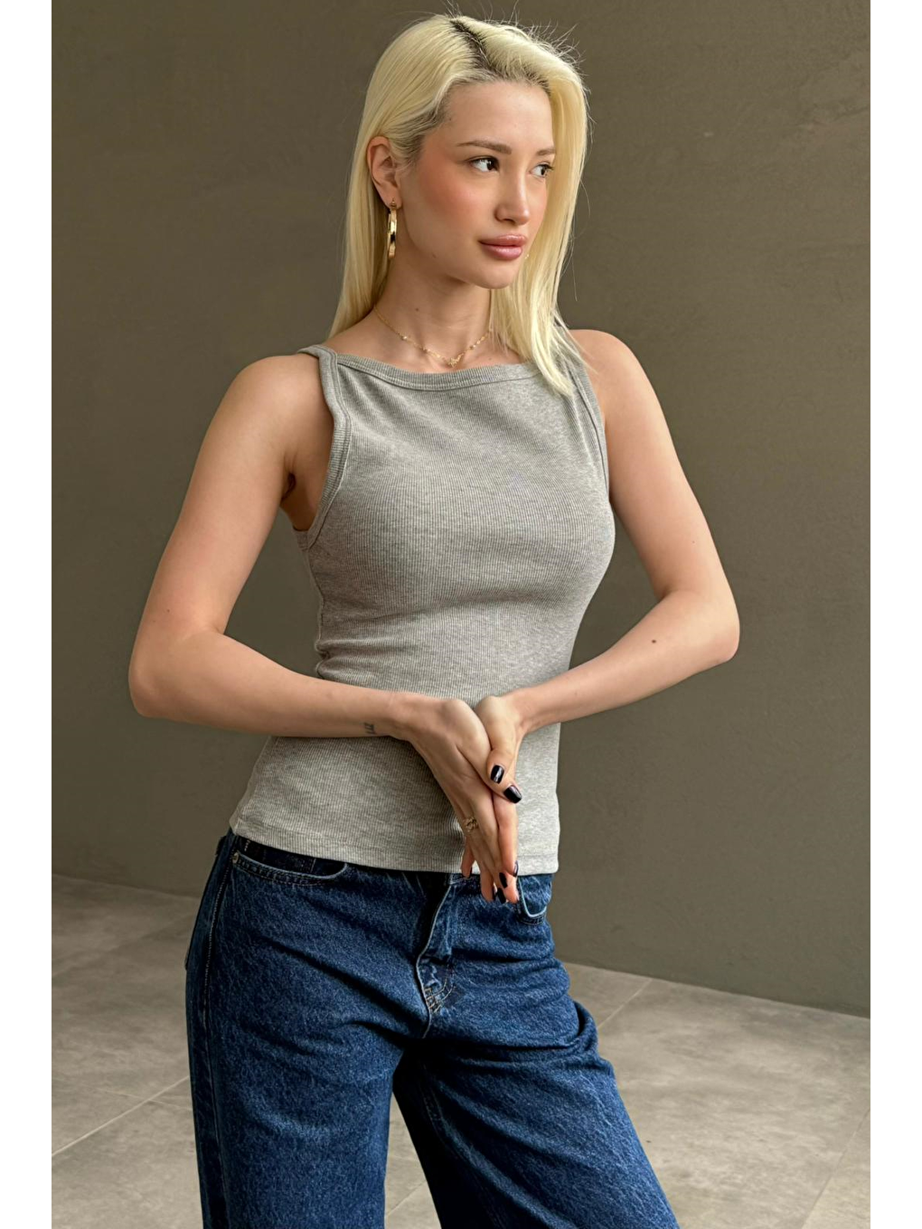 Gri Biyeli Vücudu Saran Fitilli Modern Kesim Atlet Mg2681-7