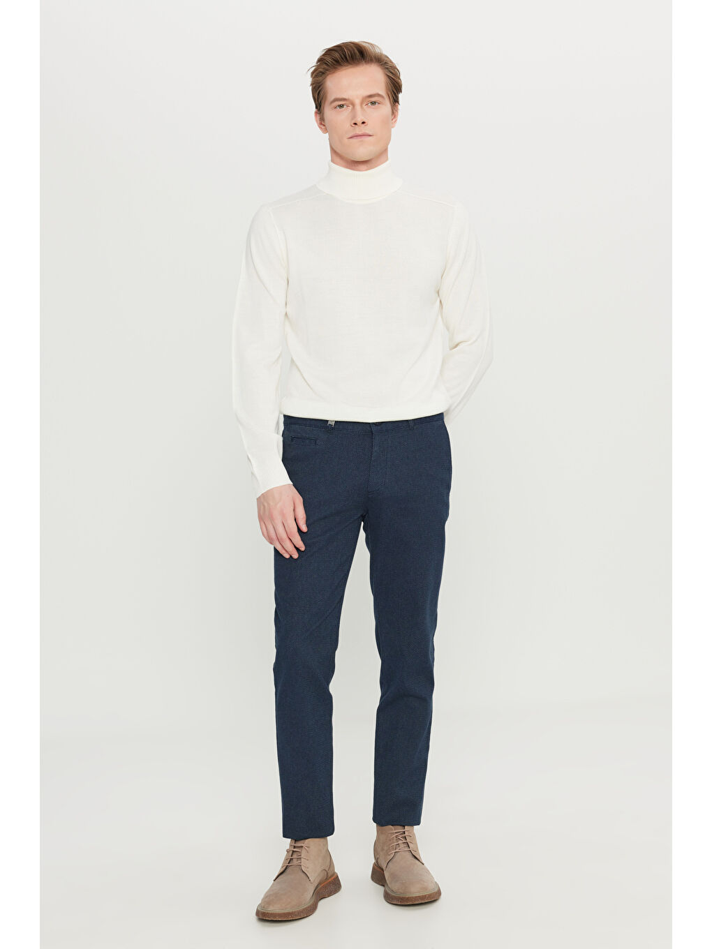 Erkek Lacivert Pamuklu Slim Fit Dar Kesim Yan Cepli Armürlü Esnek Casual Pantolon-2