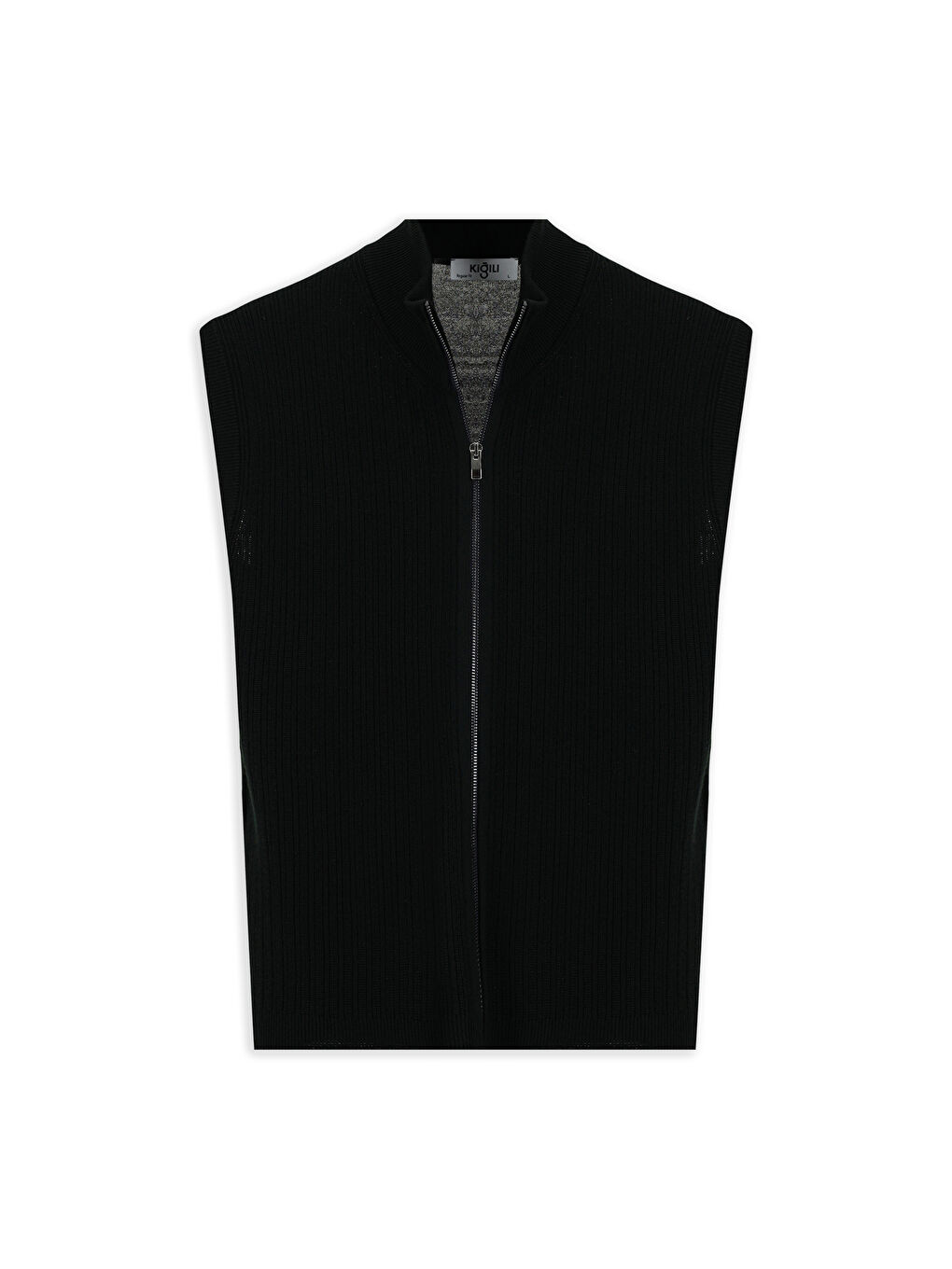 Siyah Desenli Fermuarlı Yünlü Triko Yelek-7