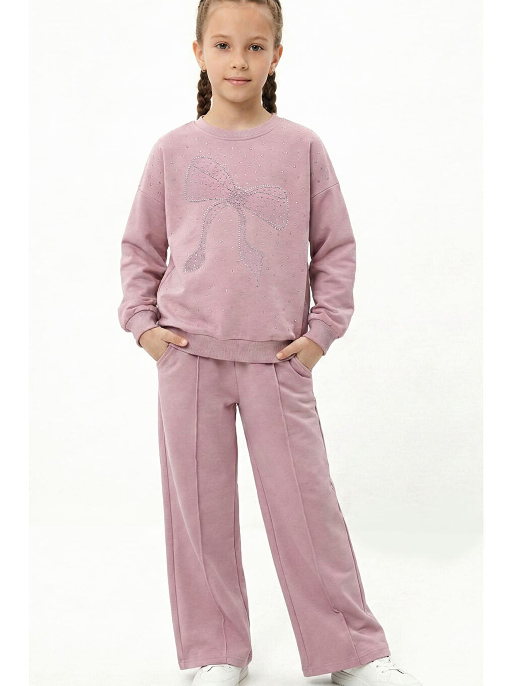 Pembe Kız Çocuk Taş Süslemeli Fiyonk Desenli 2 İplik Alt-Üst Takım 4-12 Yaş 12512