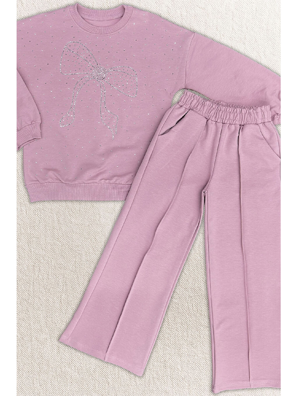 Pembe Kız Çocuk Taş Süslemeli Fiyonk Desenli 2 İplik Alt-Üst Takım 4-12 Yaş 12512-1