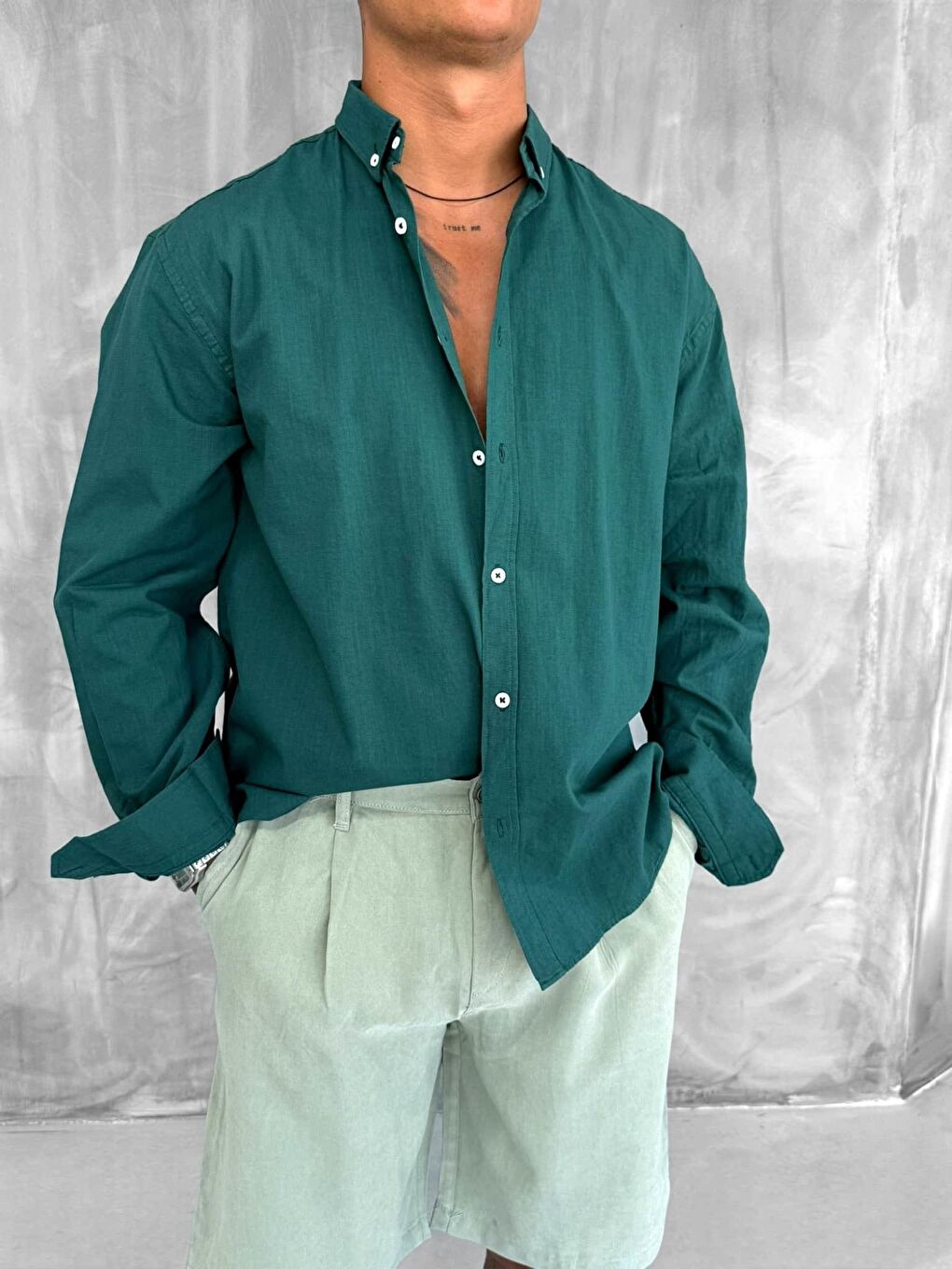 Erkek Relax Fit Rahat Kesim İnce Gömlek Koyu Yeşil-2