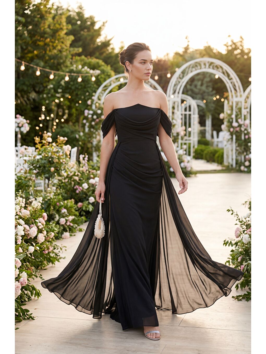 Kadın Siyah Kayık Yaka Kuyruklu Uzun Şifon Abiye Elbise-4