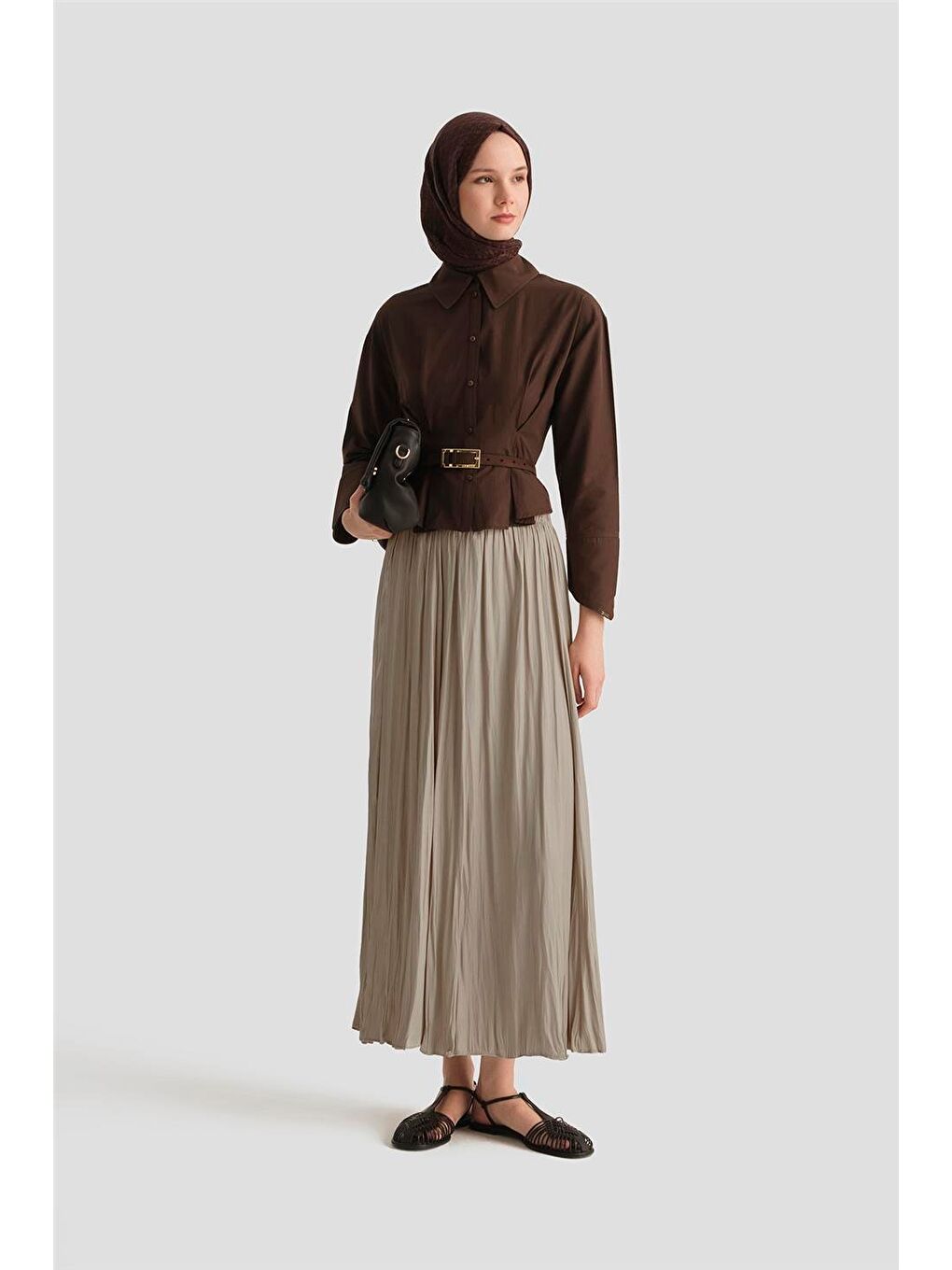Bej Kırışık Saten Etek 25Yh5601 Taş-1