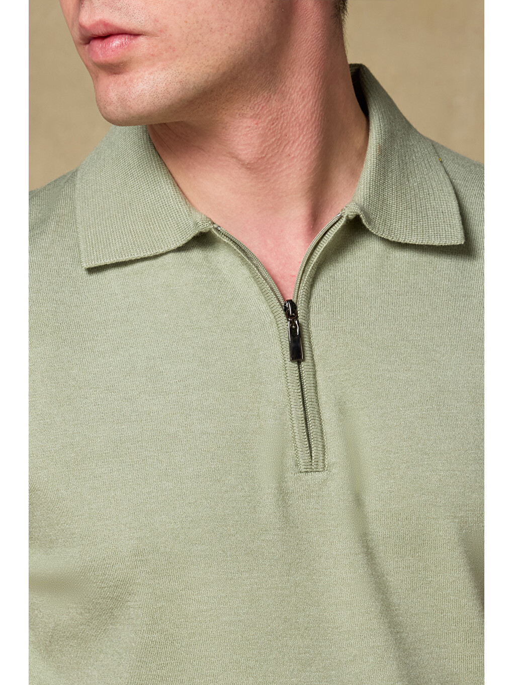 Mono Triko Örme Kaşmir Karışımlı Modern Fit Açık Yeşil Polo Yaka Erkek Düz Polo Shirt-2