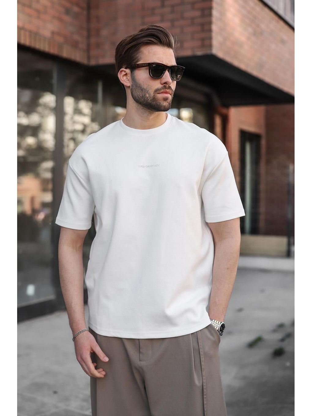Ekru Bisiklet Yaka Oversize Erkek Tişört E7176-1