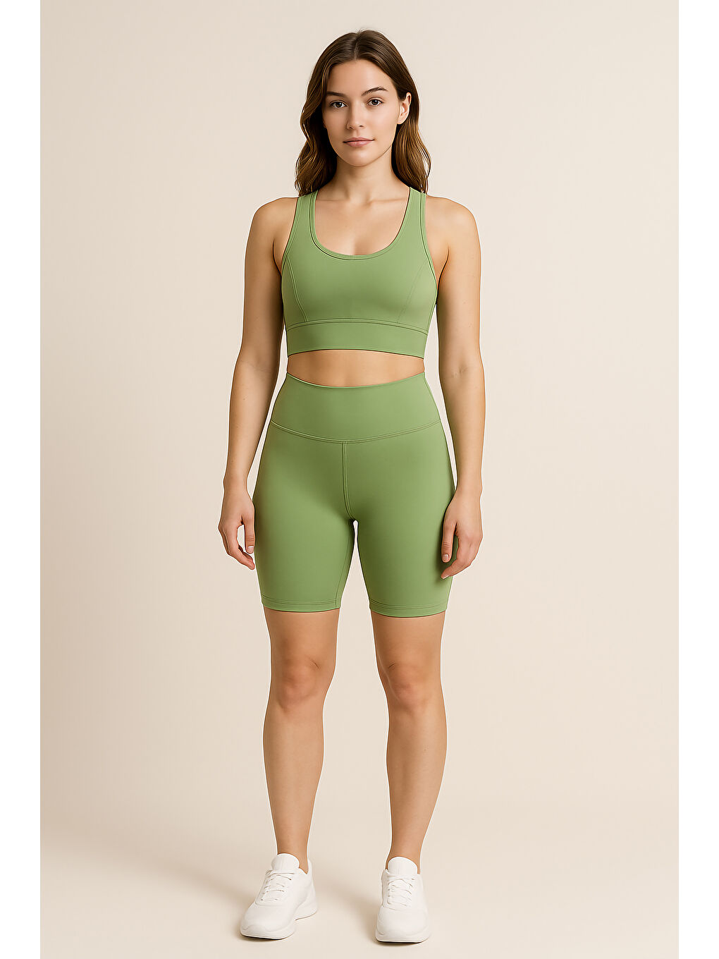 Yeşil Yüksek Bel Toparlayıcı Kadın Spor Kısa Tayt