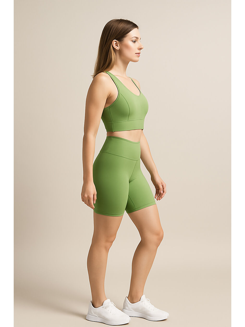 Yeşil Yüksek Bel Toparlayıcı Kadın Spor Kısa Tayt-3