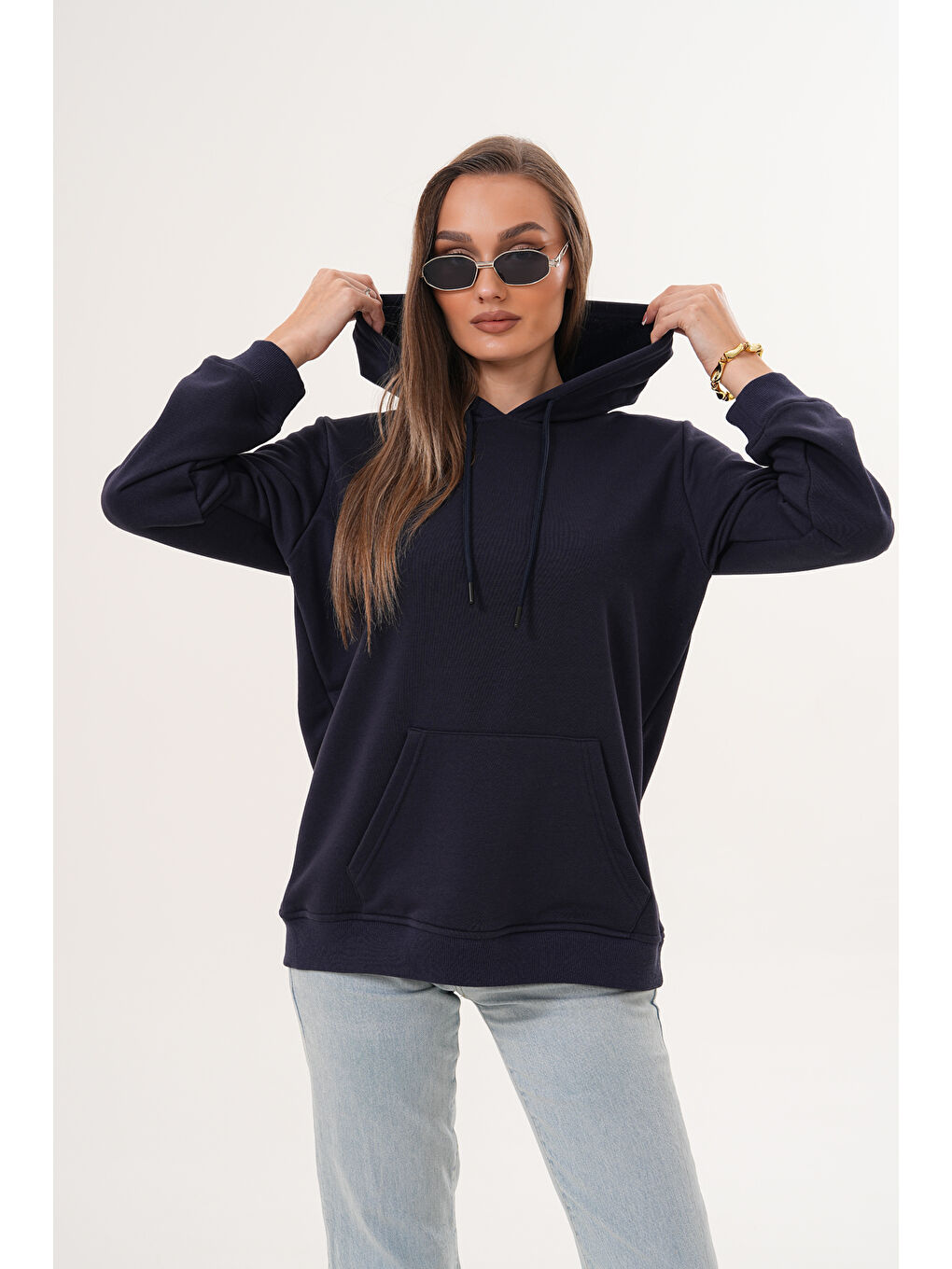 Lacivert Unisex %100 Pamuk Basic Premium Kapüşonlu Sweatshirt