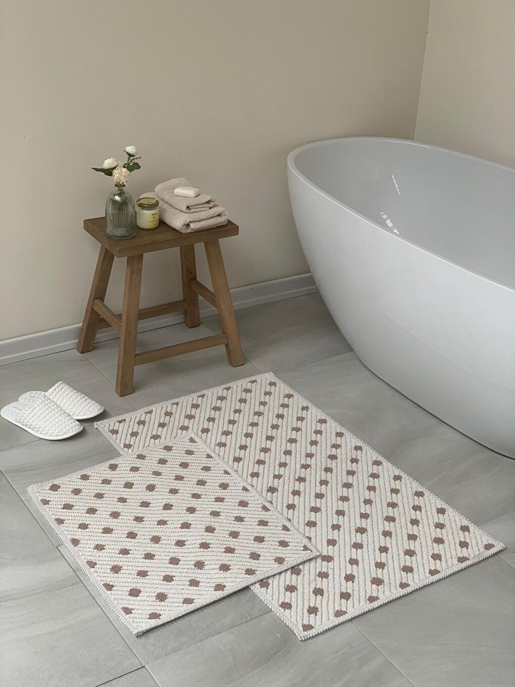 Freya Doğal Pamuklu 2'li Banyo Paspas Seti 60x100+50x60 Cm - Bej