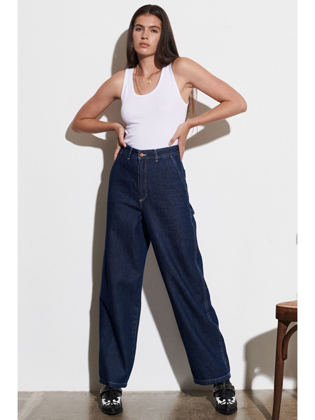 Lacivert Carpenter Fit %100 Pamuk Çok Yüksek Bel Geniş Paça Jean Jean Pantolon-1