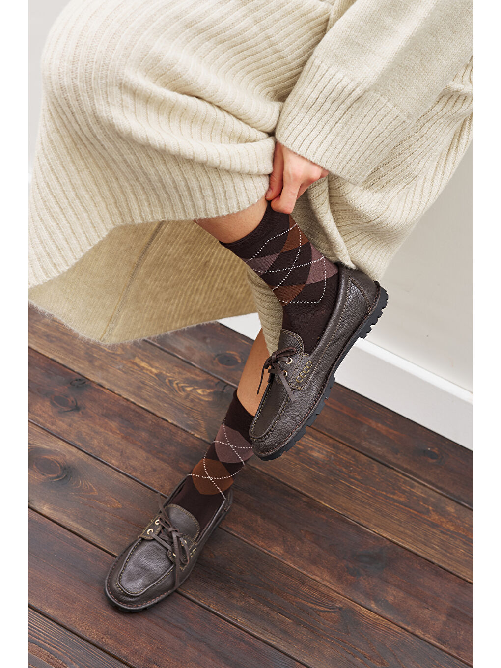 Baklava Desenli Çorap Kahverengi Ekose-3