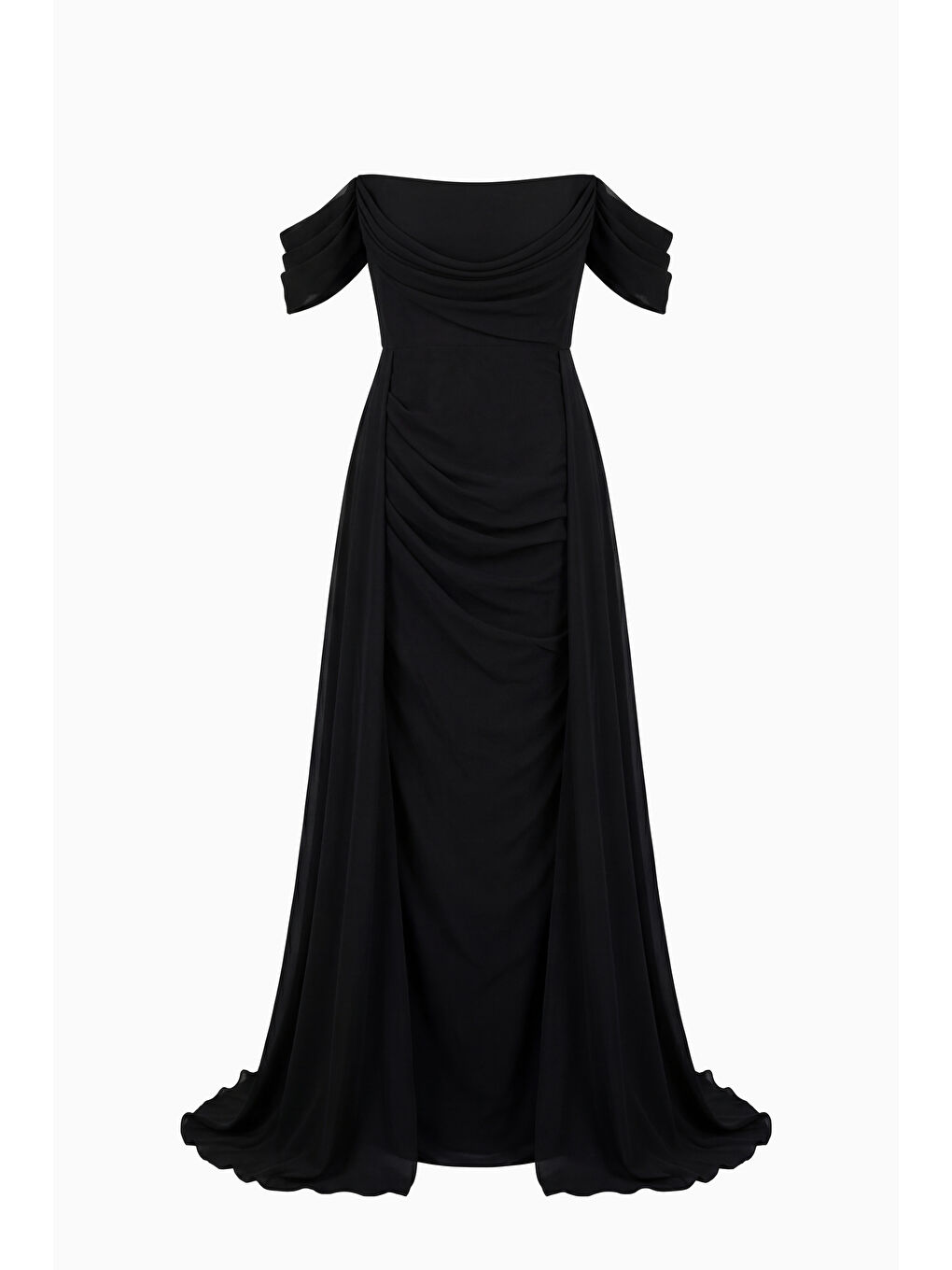 Kadın Siyah Kayık Yaka Kuyruklu Uzun Şifon Abiye Elbise-6