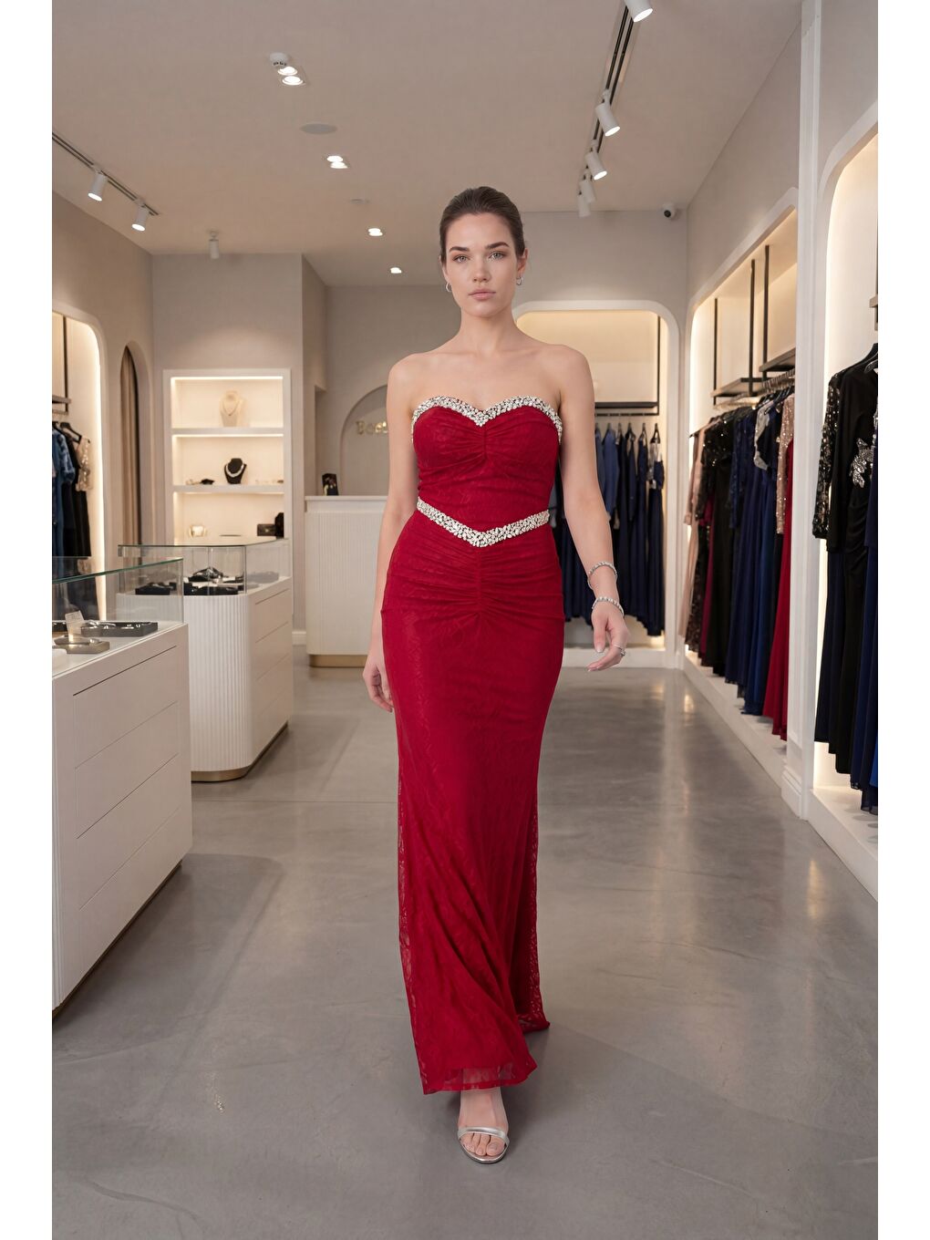 Kadın Bordo Straplez Yaka Dantel Detay Taşlı Uzun Abiye Elbise-3