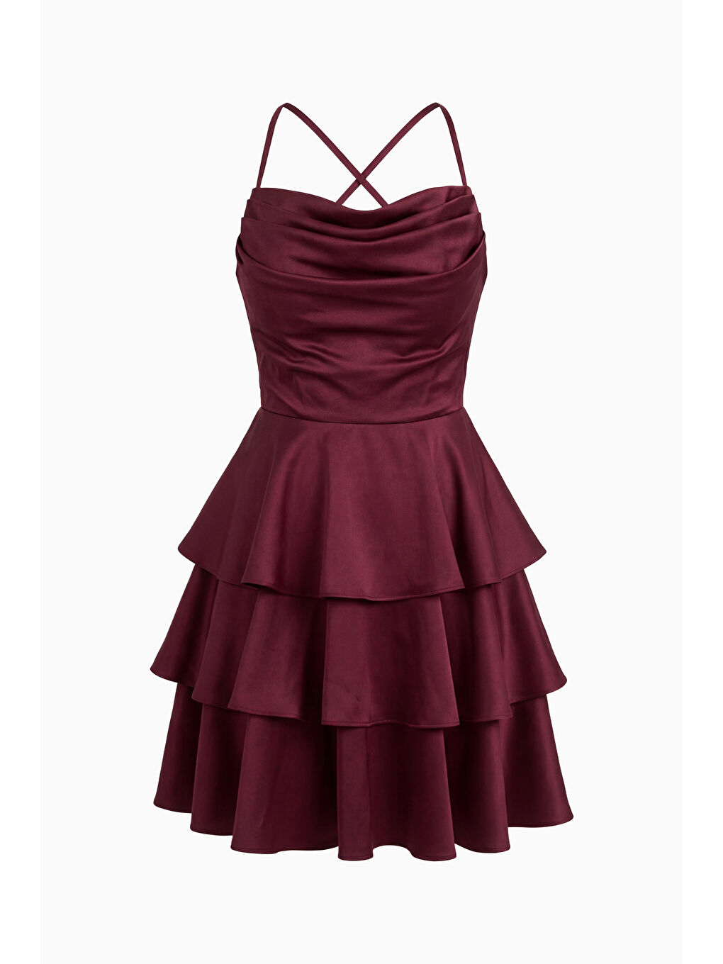 Kadın Bordo İnce Askılı Degaje Yaka Mini Saten Mezuniyet Abiye Elbise-5