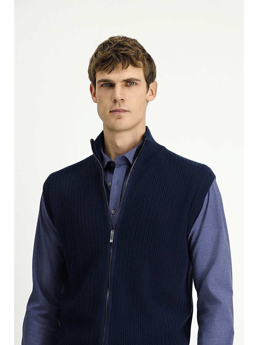 Lacivert Desenli Fermuarlı Yünlü Triko Yelek-2