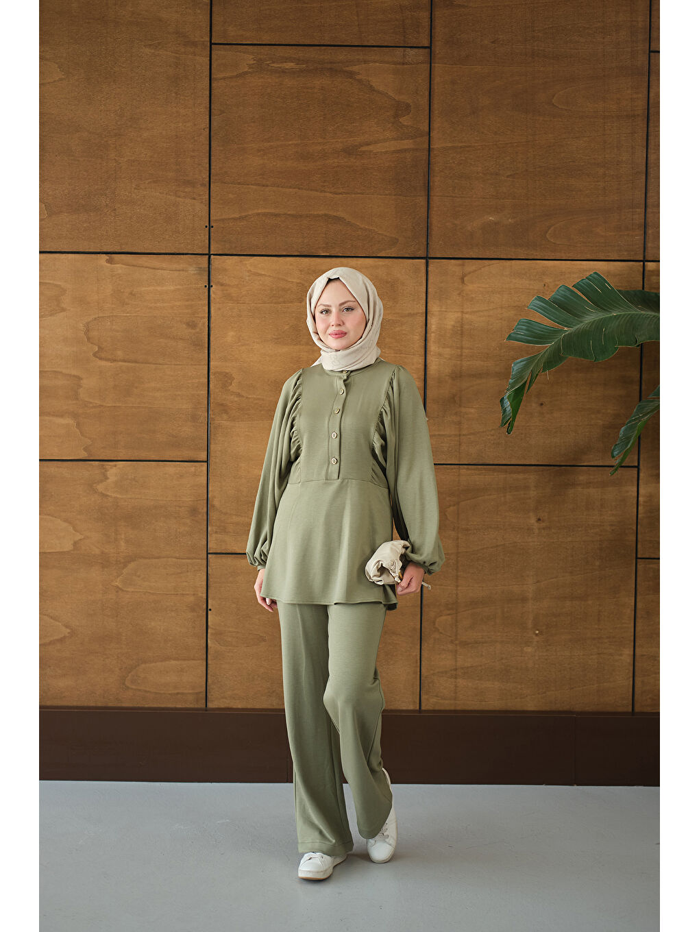 Kadın Çıtçıt Büzgü Detay İkili Takım Yeşil-1