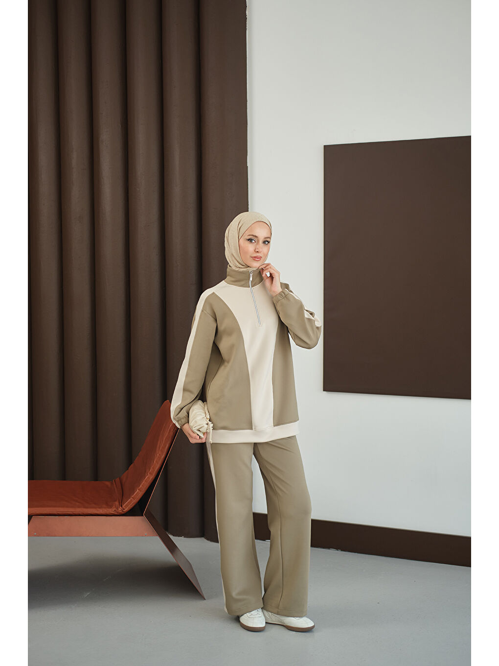 Kadın Çift Renk Fermuar Detay Takım Yeşil-1