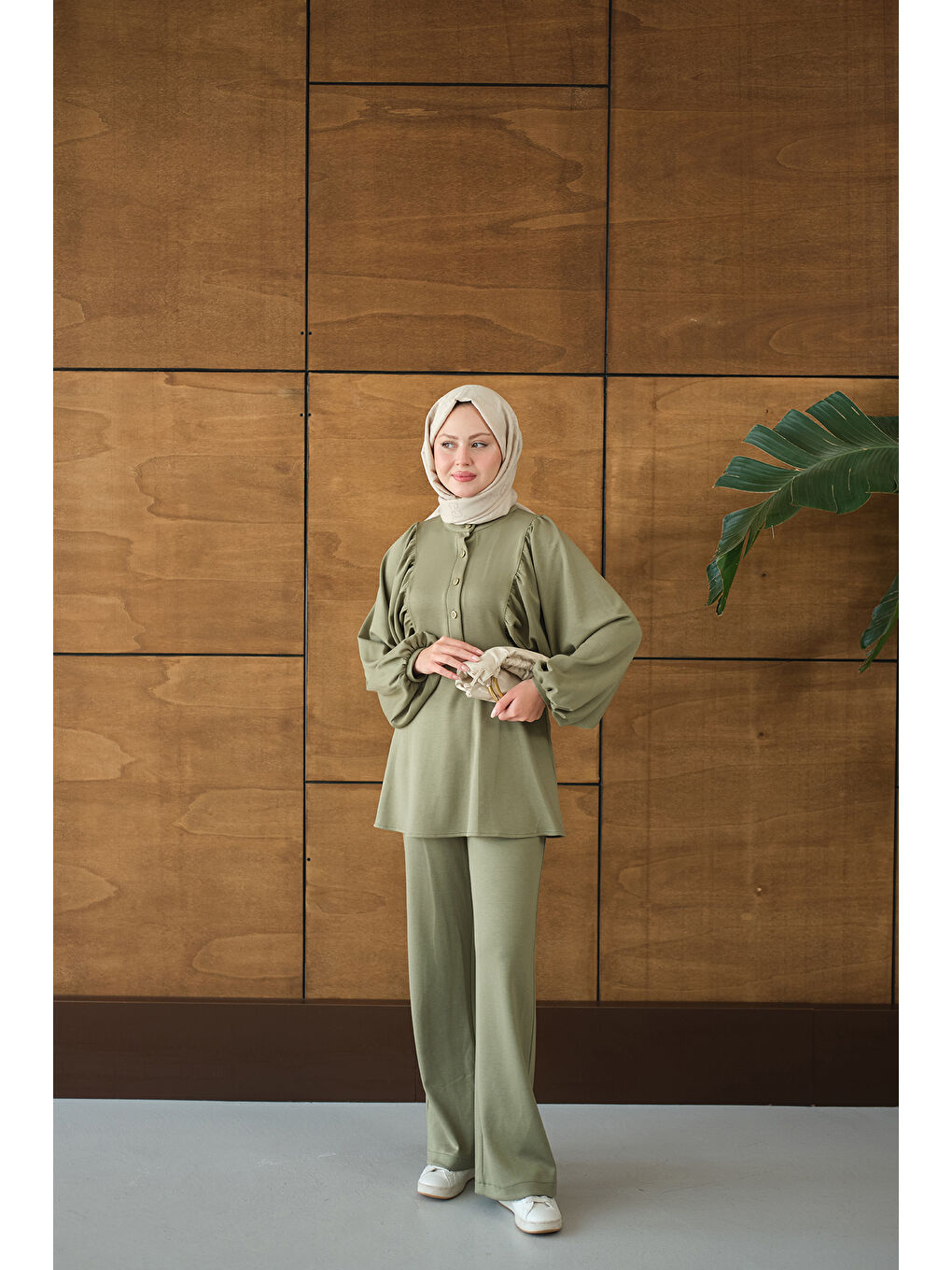 Kadın Çıtçıt Büzgü Detay İkili Takım Yeşil-2