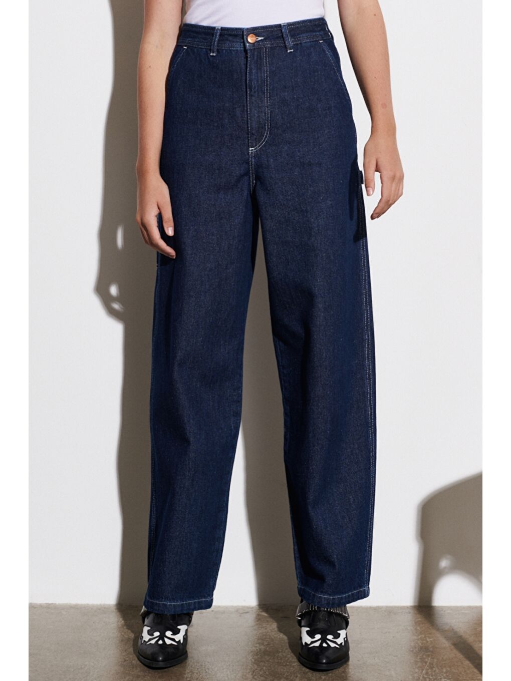 Lacivert Carpenter Fit %100 Pamuk Çok Yüksek Bel Geniş Paça Jean Jean Pantolon-2