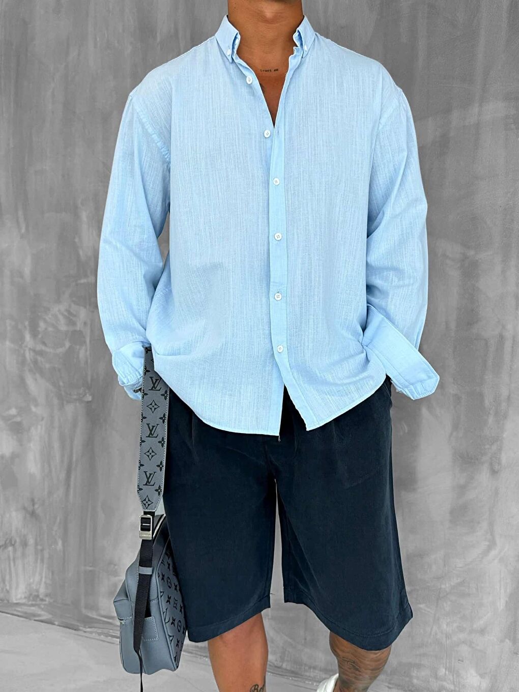 Erkek Relax Fit Rahat Kesim İnce %100 Pamuk Gömlek Açık Mavi