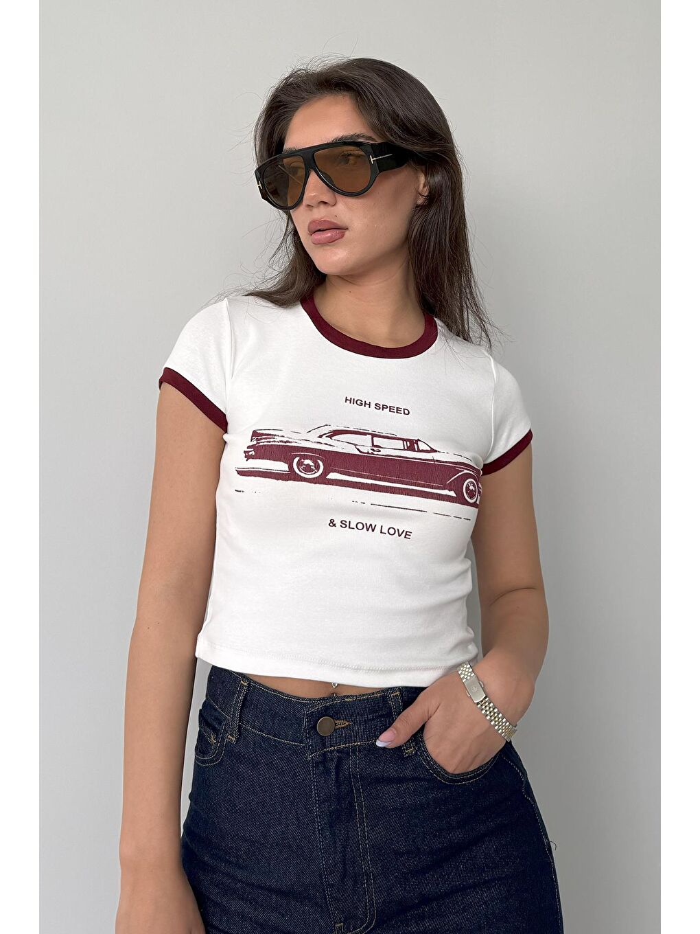 Beyaz Baskılı Fitilli Kadın Tişört Mg2449-2