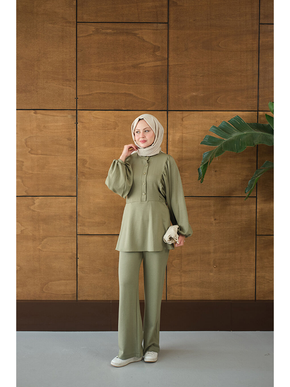 Kadın Çıtçıt Büzgü Detay İkili Takım Yeşil-3