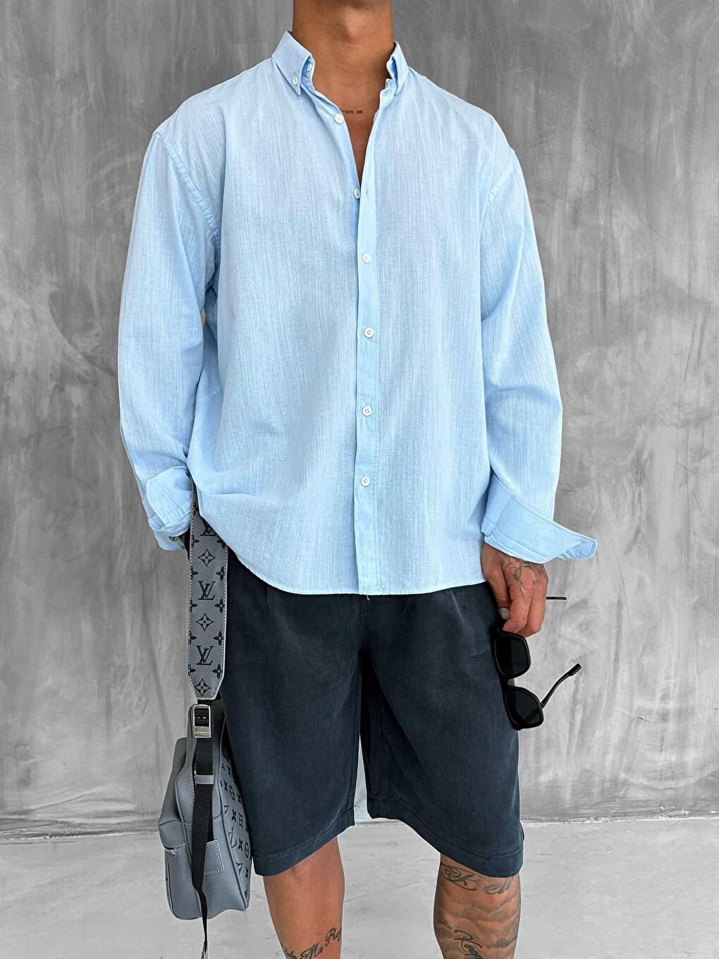 Erkek Relax Fit Rahat Kesim İnce %100 Pamuk Gömlek Açık Mavi-1