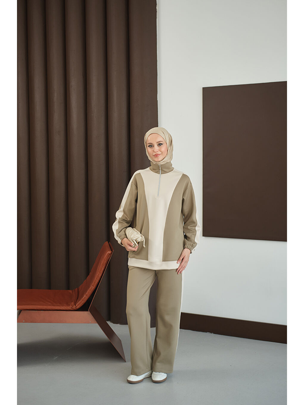 Kadın Çift Renk Fermuar Detay Takım Yeşil-2