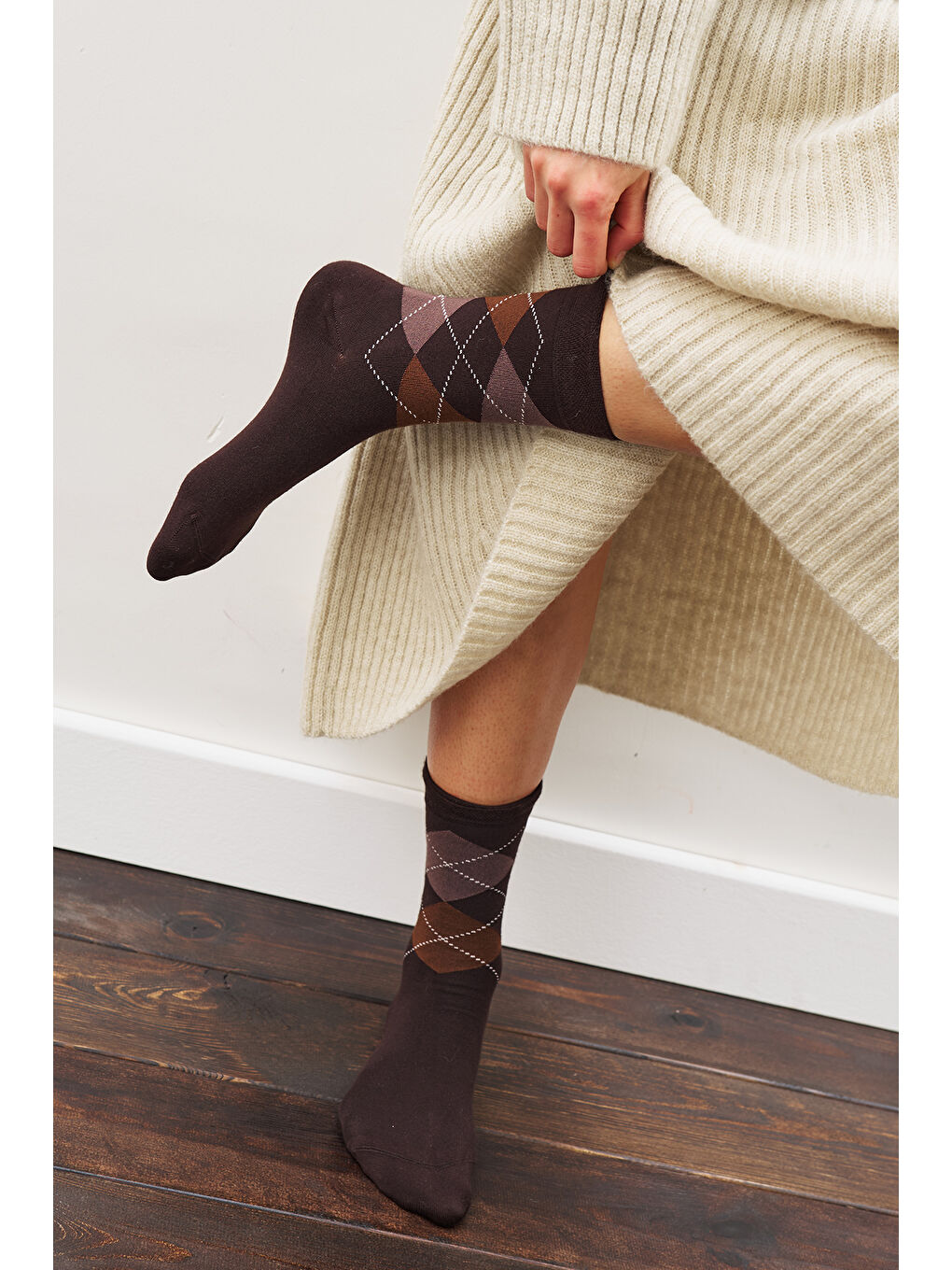 Baklava Desenli Çorap Kahverengi Ekose-6