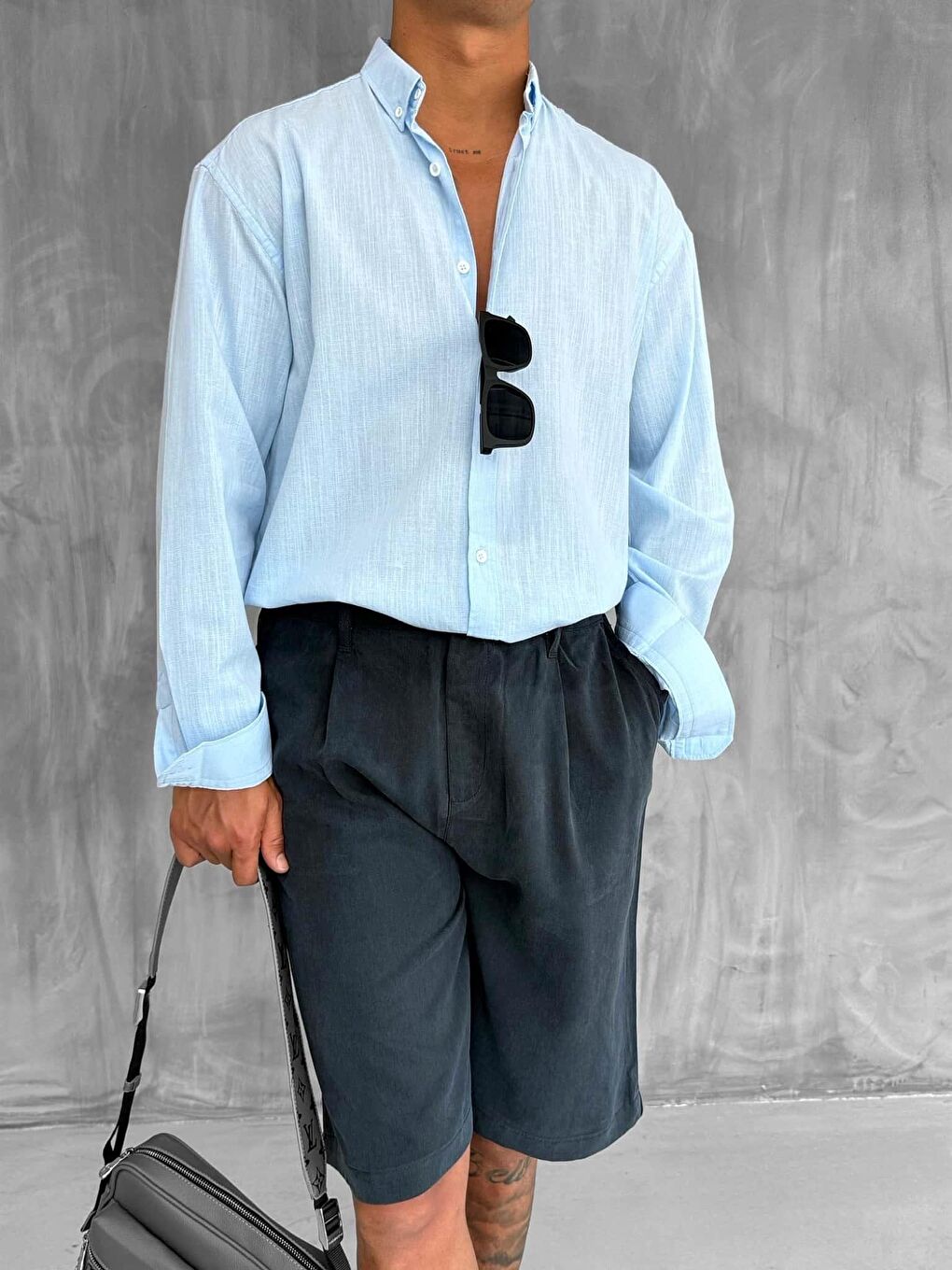 Erkek Relax Fit Rahat Kesim İnce %100 Pamuk Gömlek Açık Mavi-2